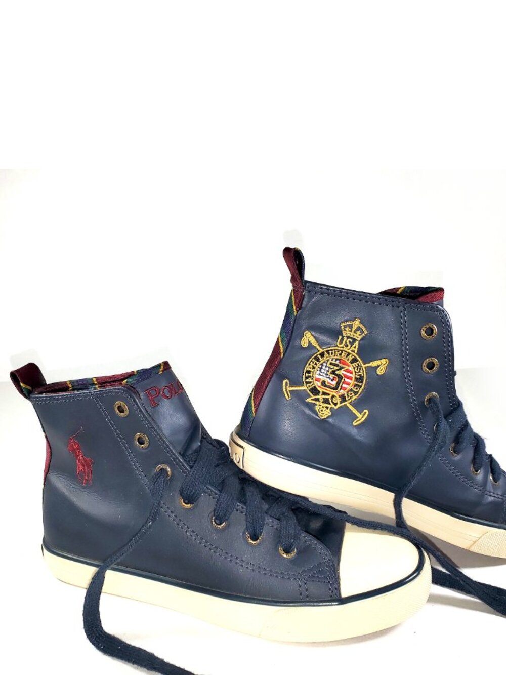 Polo Ralph Lauren Falmuth Hi Leather Sneakers Youth 3 Womens 5.5 Navy Blue